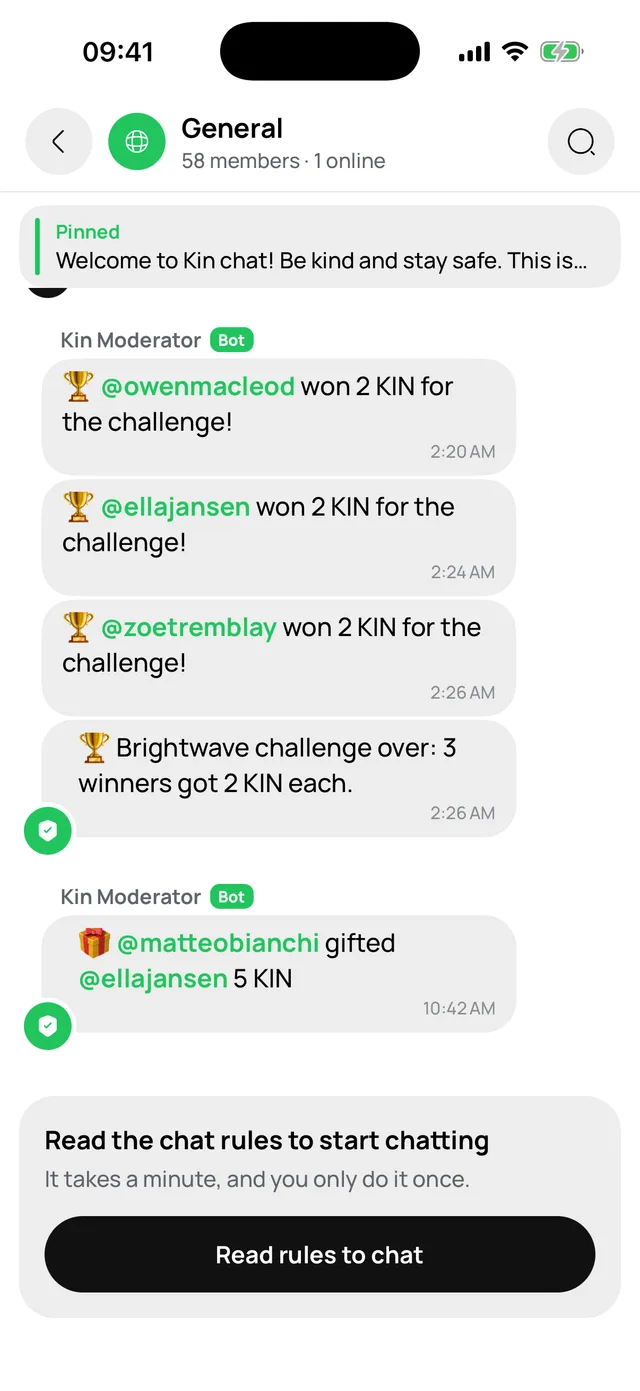 A group chat in Kin ID.