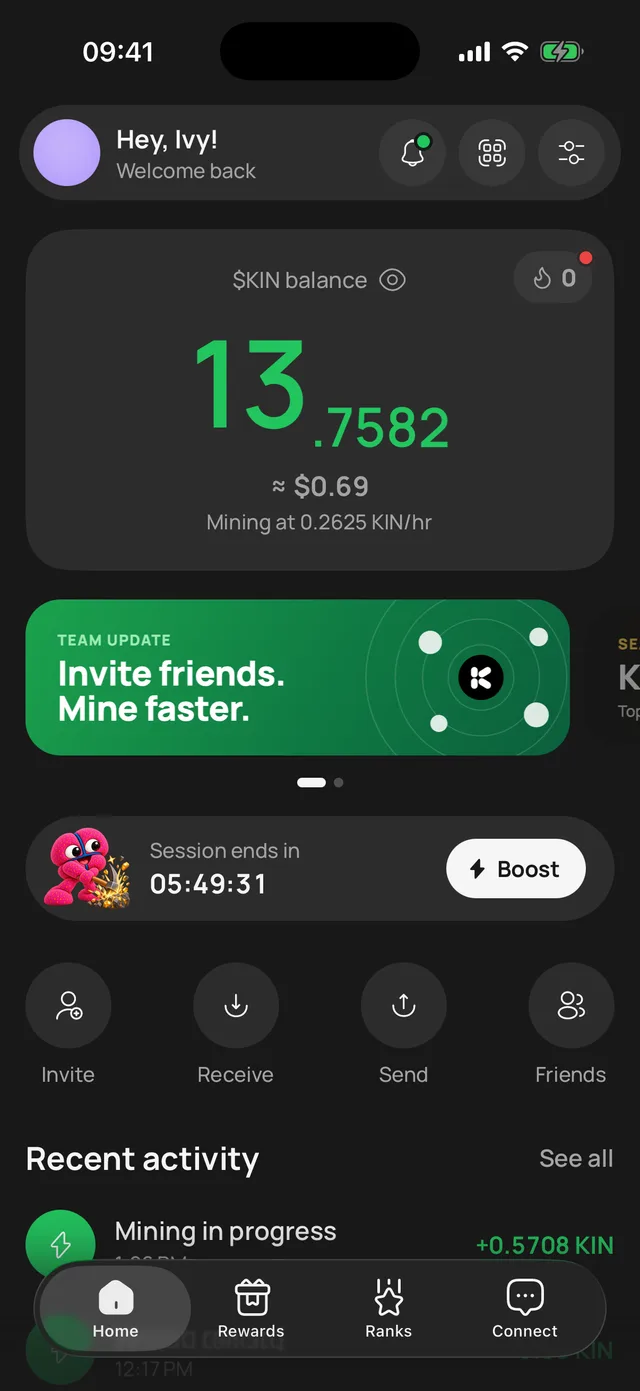 The Kin ID home screen: balance, mining session and friends in one place.