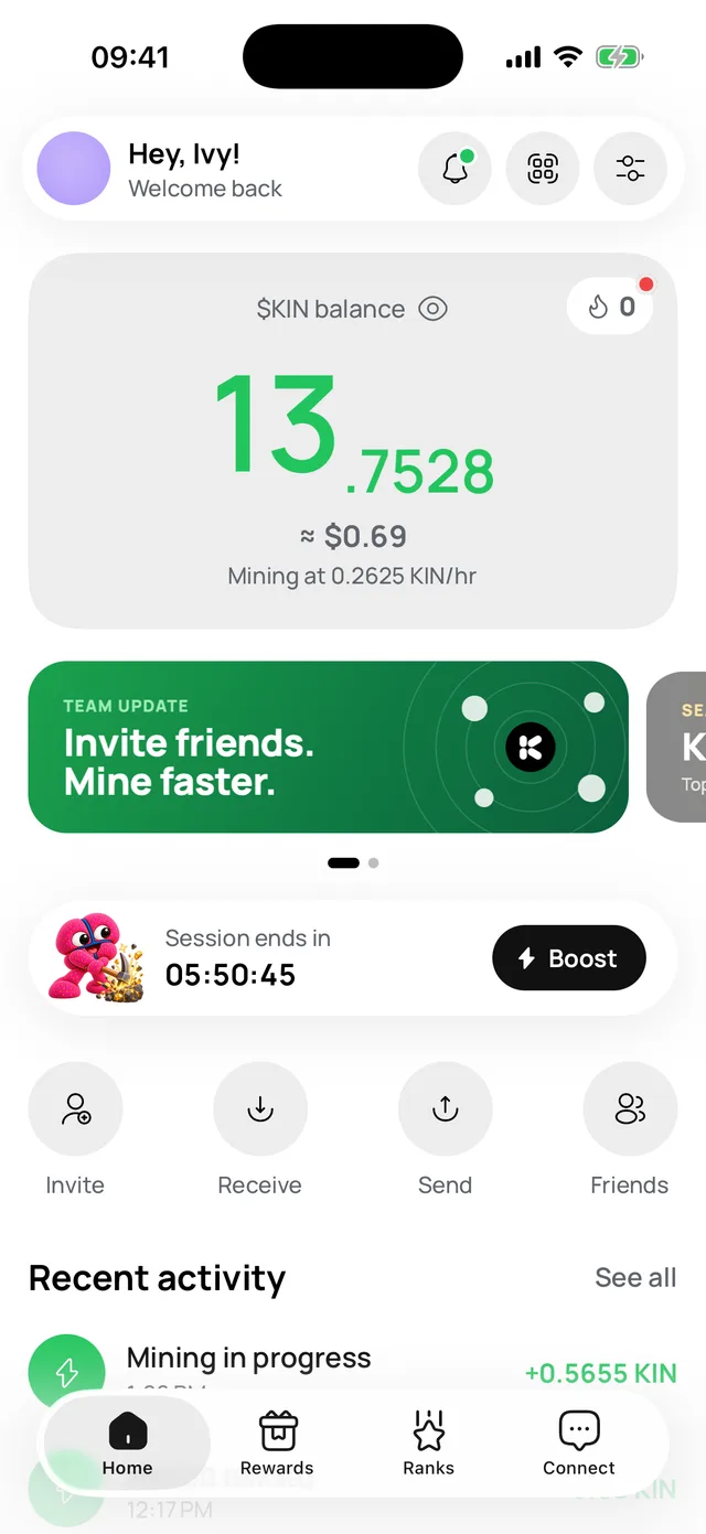 The Kin ID home screen: balance, mining session and friends in one place.
