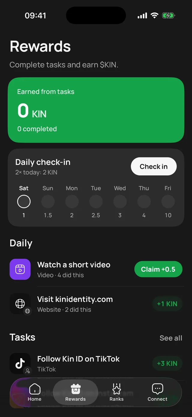 Rewards: daily check in, tasks and streaks.