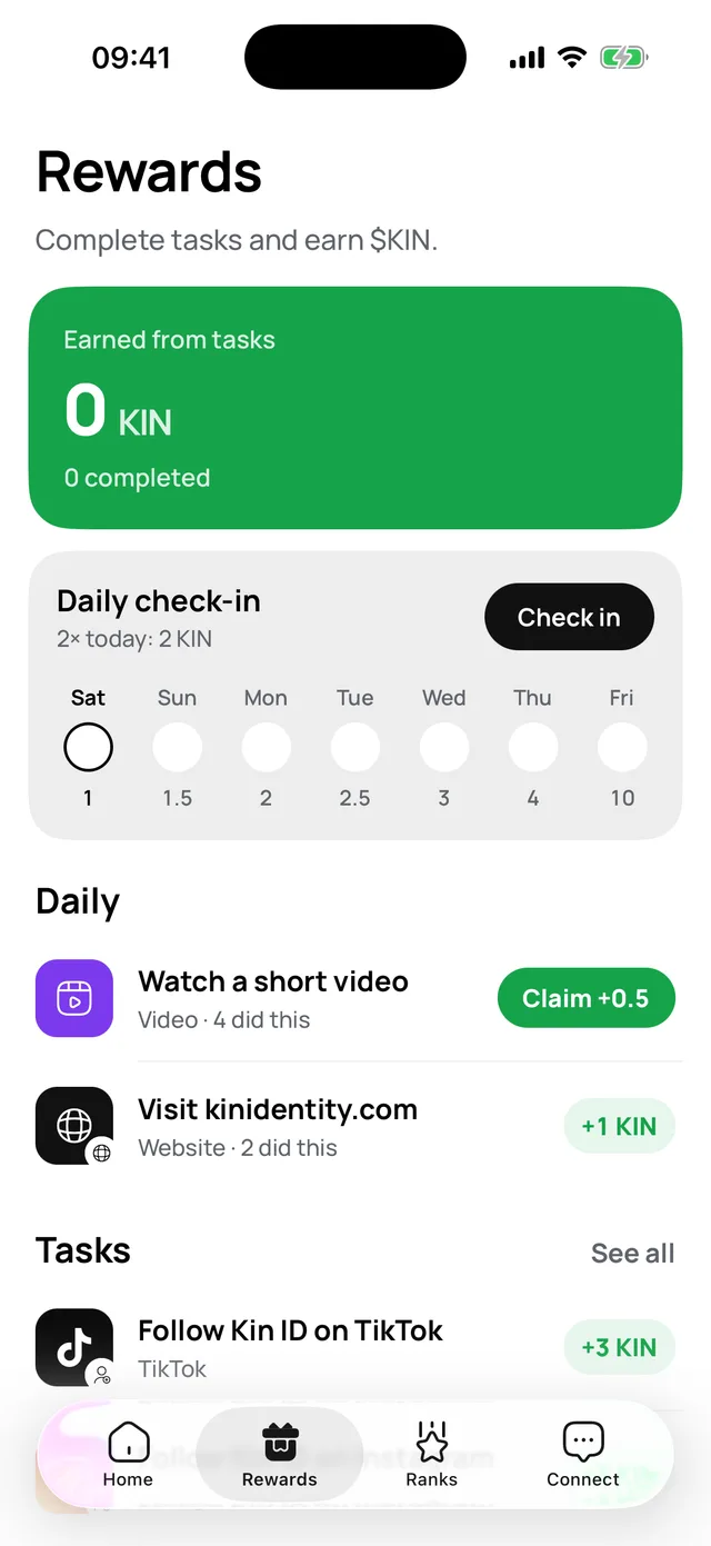 Rewards: daily check in, tasks and streaks.